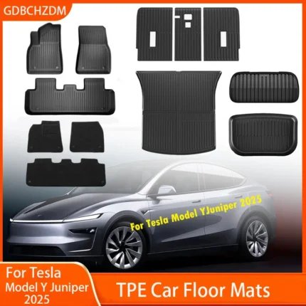 For New Tesla Model Y Launch 2025+ Juniper 2025+ TPE Floor Mats & Cargo Liner, All Weather Trunk Mats Floor Liner Backrest Mats
