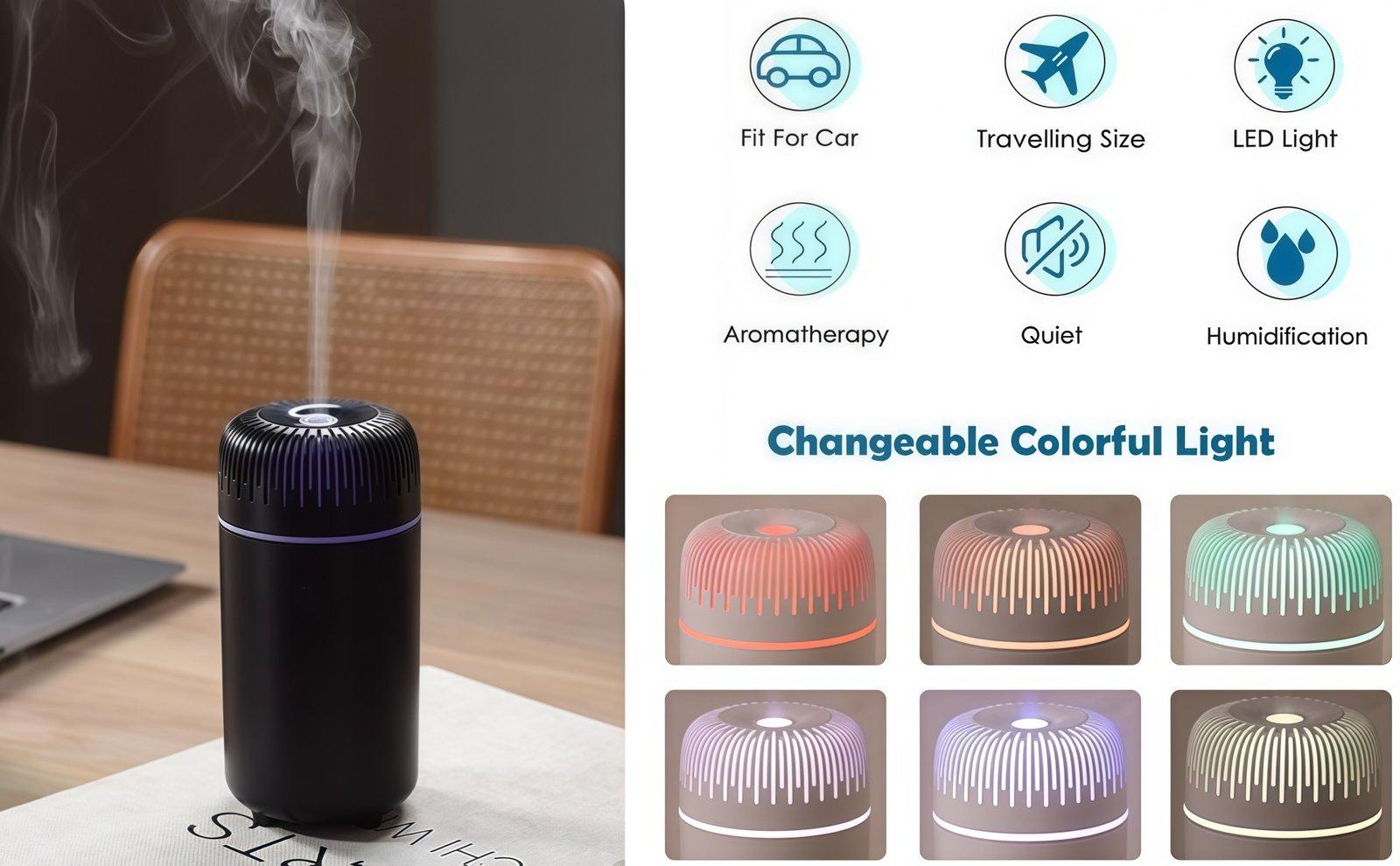 AeroMist Car Aroma Humidifier 3 ultrasonic car air freshener humidifier with 7-color LED light and mist modes