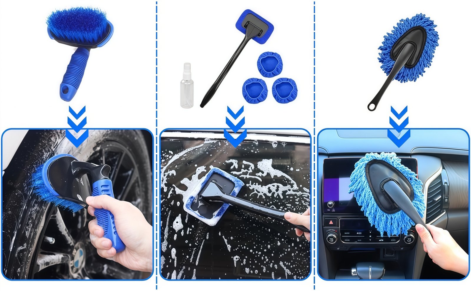 26-Piece Car Detailing Brush Set 4 car cleaning kit with tire brush windshield cleaner dashboard duster and spray bottle
