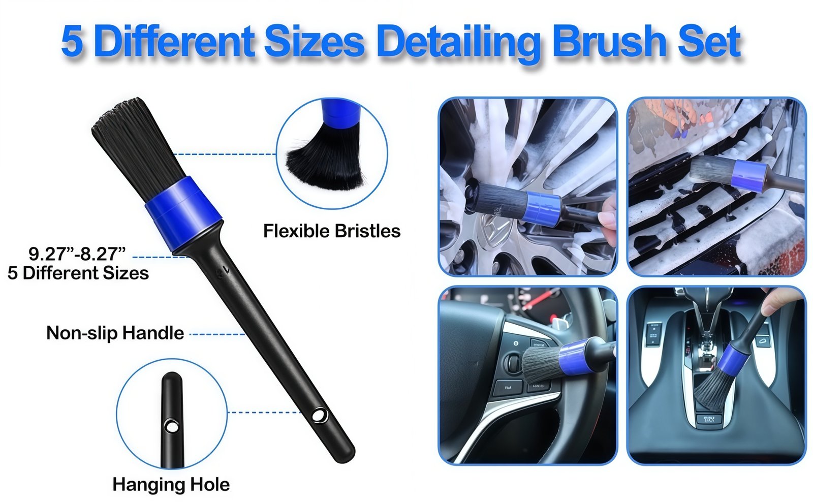 26-Piece Car Detailing Brush Set 5 car detailing brush set with five sizes for vents trim wheels and dashboard gaps