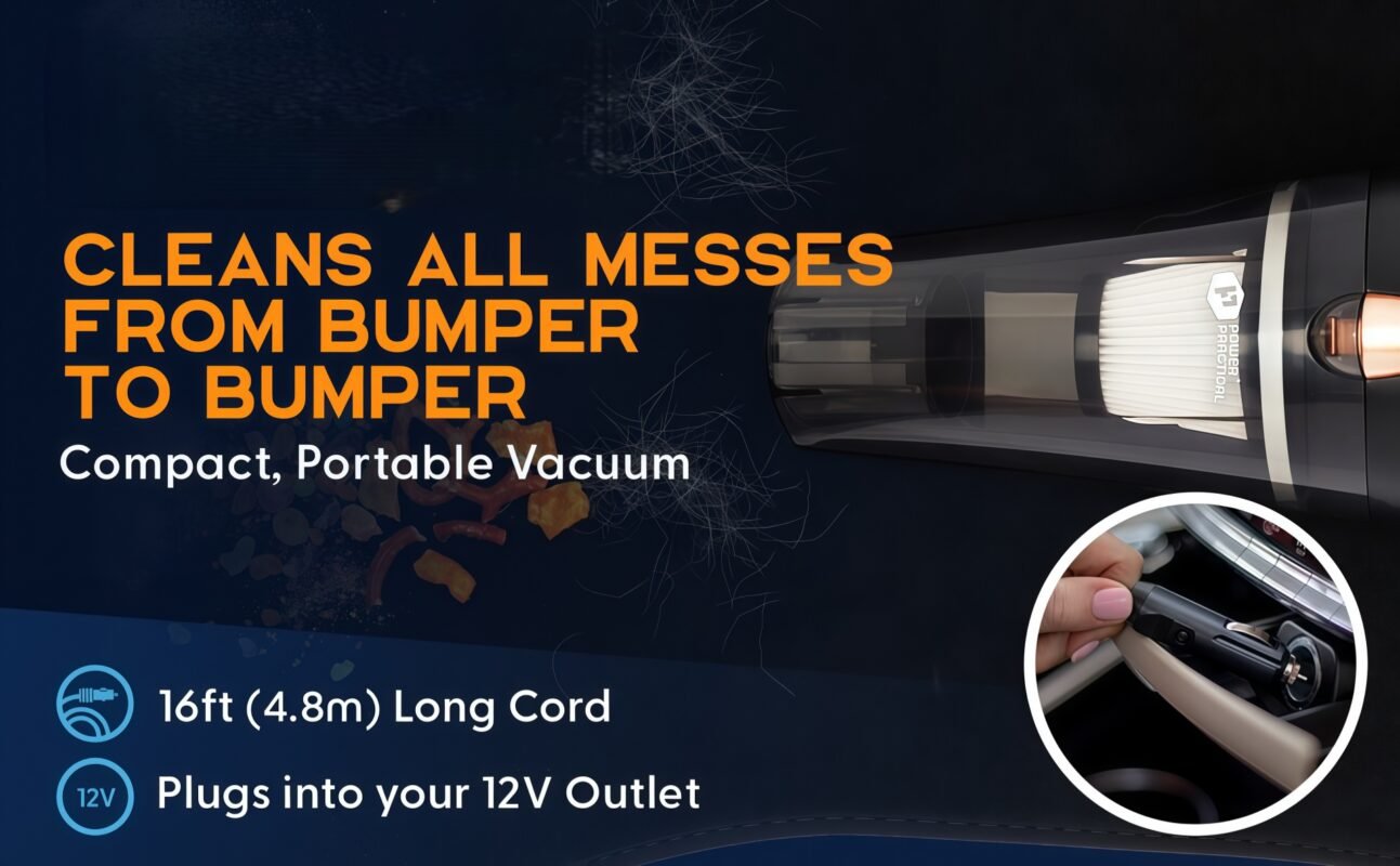 A powerful and practical car vacuum cleaner 1 Car vacuum cleaner 106W with 16ft cord and 3 attachments.