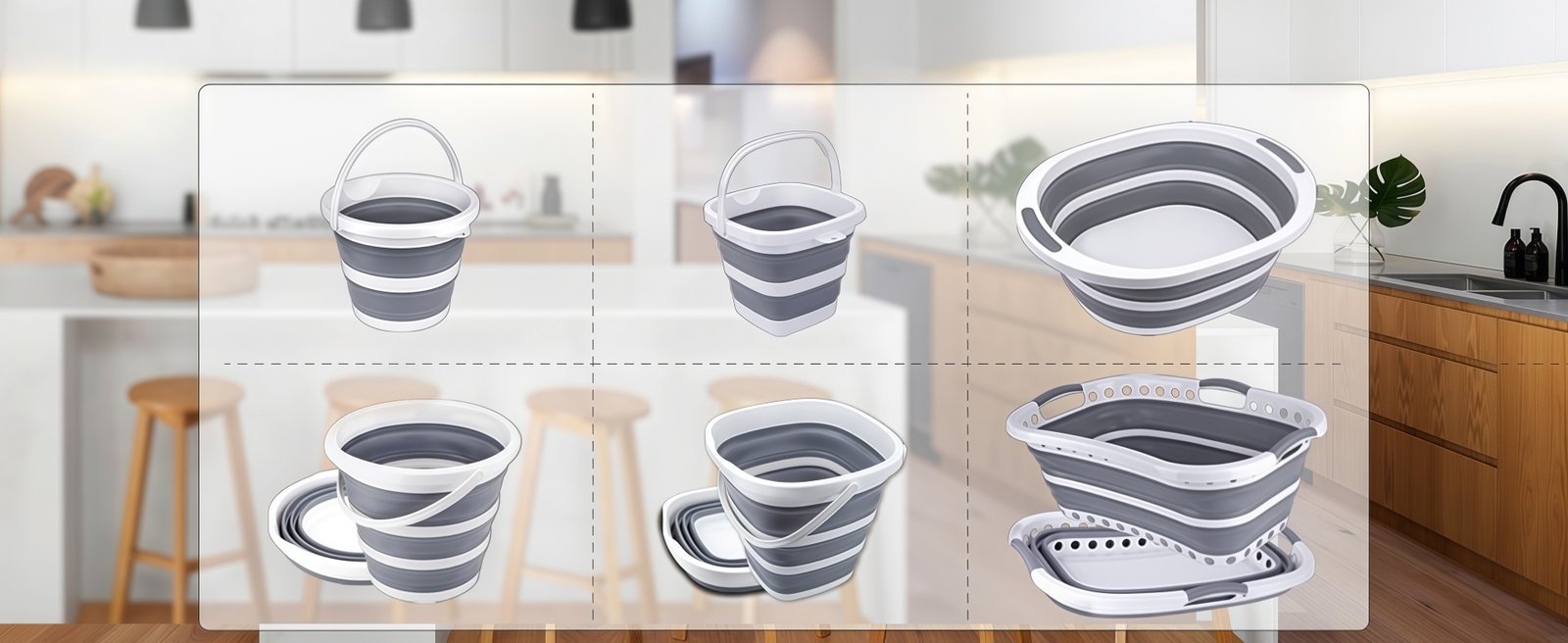 SpaceSaver Collapsible Bucket – 5L Portable Utility Bucket 5 collapsible bucket shown in multiple open and folded positions
