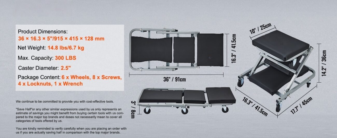 Mechanical repair scooter 36-inch low-profile creeper with 6 swivel casters.