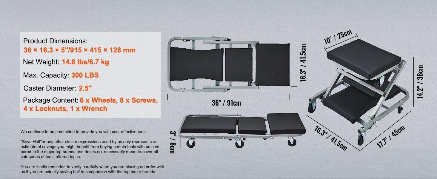 GarageGlide 2-in-1 Mechanic Creeper Stool 9 mechanic creeper stool dimensions and package content