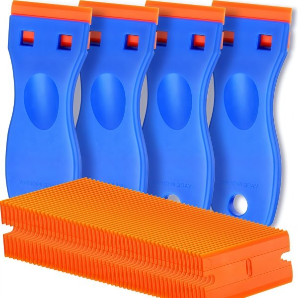 4-Pack Plastic Razor Scraper: 100 Blades, No Scratches 1 plastic razor scraper removing a sticker from glass with replacement blades beside it