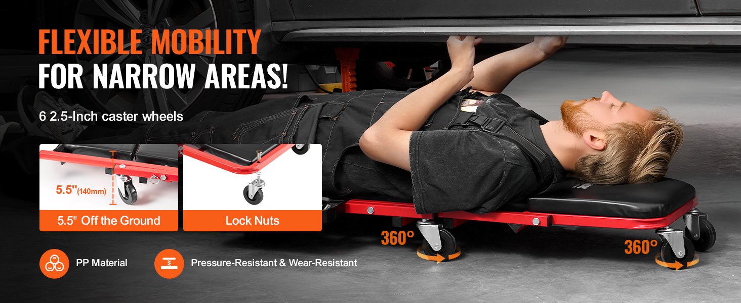 low profile foldable Z creeper seat with six 2.5 inch swivel caster wheels