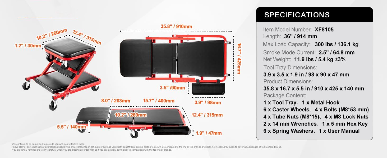 foldable Z creeper seat dimensions specifications and package contents