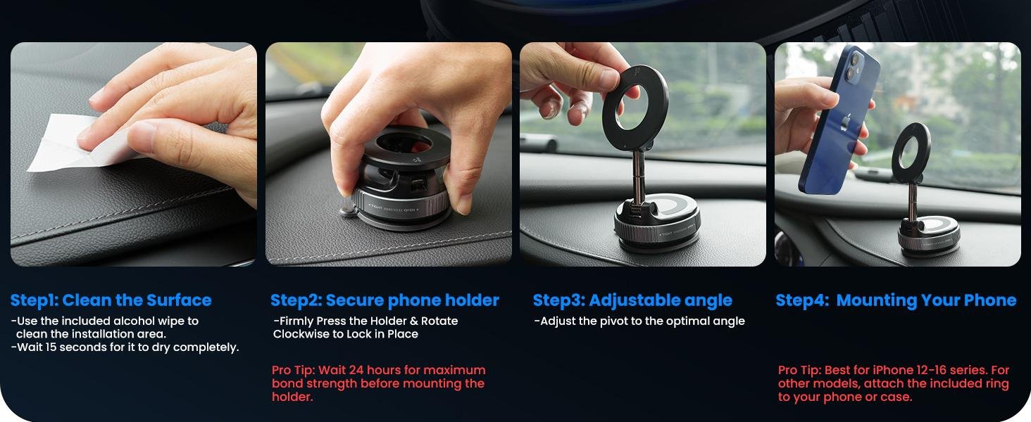 How to install vacuum magnetic MagSafe Car Mount on smooth dashboard surface