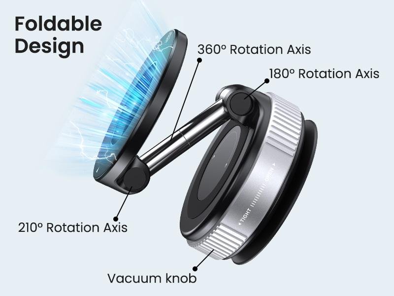 Foldable MagSafe phone mount structure with 360 rotation and vacuum lock knob