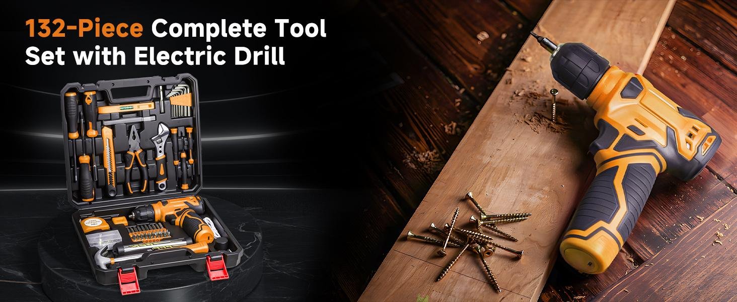 132-Piece Yellow Tool Kit with 8V Cordless Drill 1 132 piece yellow tool kit with 8V cordless drill for home repairs