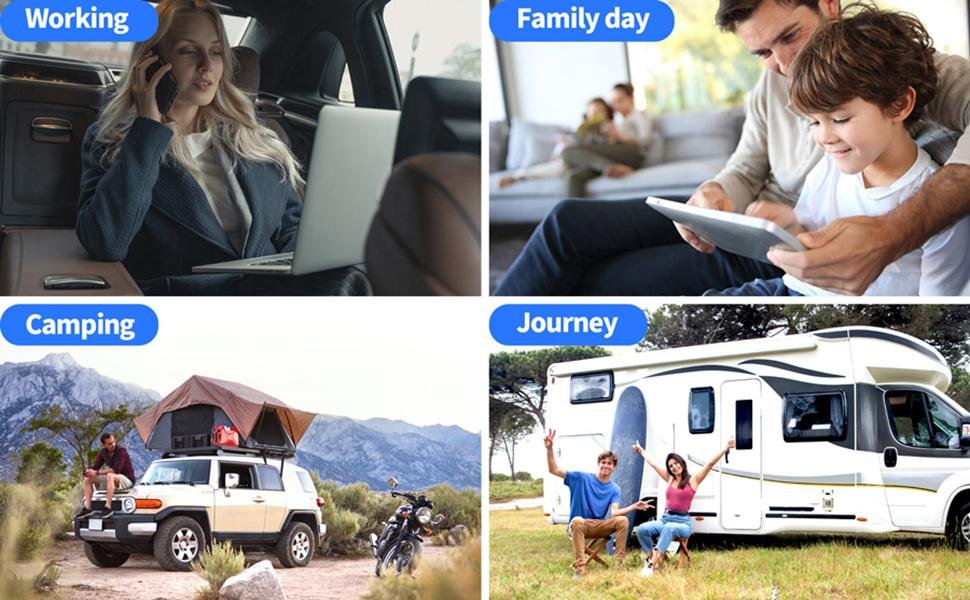 Car inverter with USB ports for work family travel camping and road trips