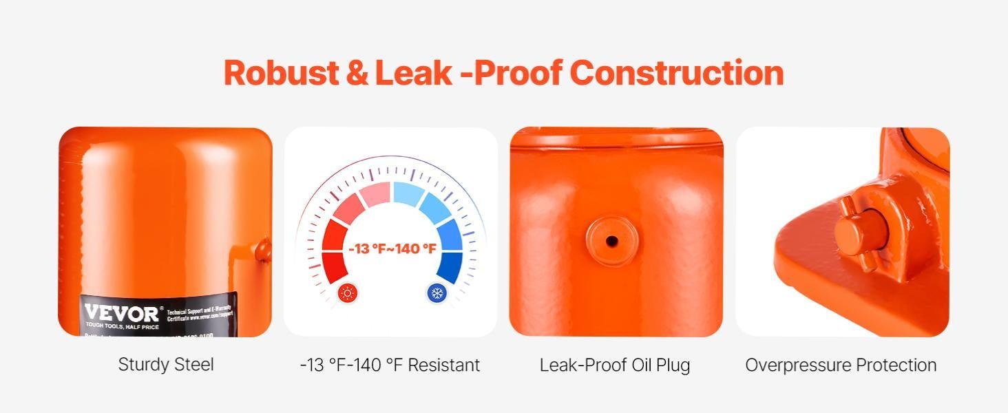 Hydraulic bottle jack with durable steel body and wear resistant finish