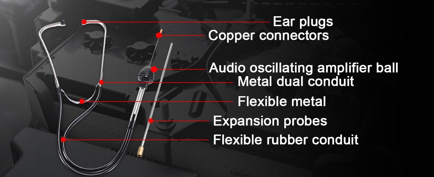 Mechanic stethoscope components with ear tips flexible tube sound chamber and metal probe