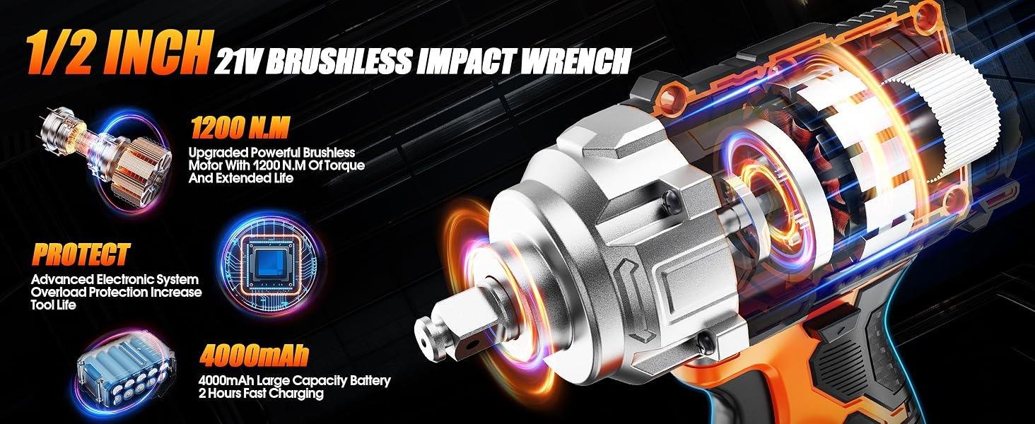 Cordless impact wrench with brushless motor for lug nuts bolts and garage repair
