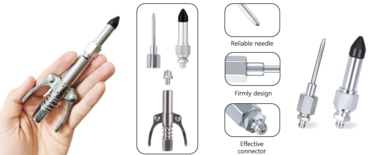 Grease gun nozzle kit detail overview with coupler hose and fittings