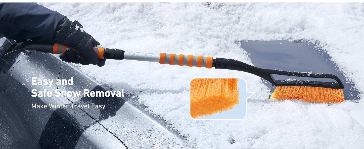 Soft bristle snow brush and ice scraper details for car paint and glass