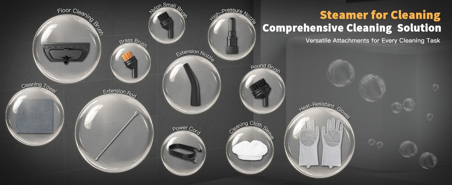 Steam cleaner 15 piece accessory kit with brushes nozzles gloves and cleaning tools