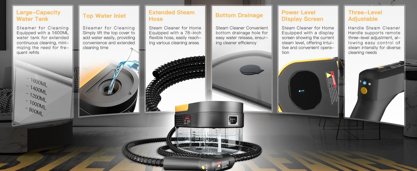 Steam cleaner features with water tank hose drainage and compact body design